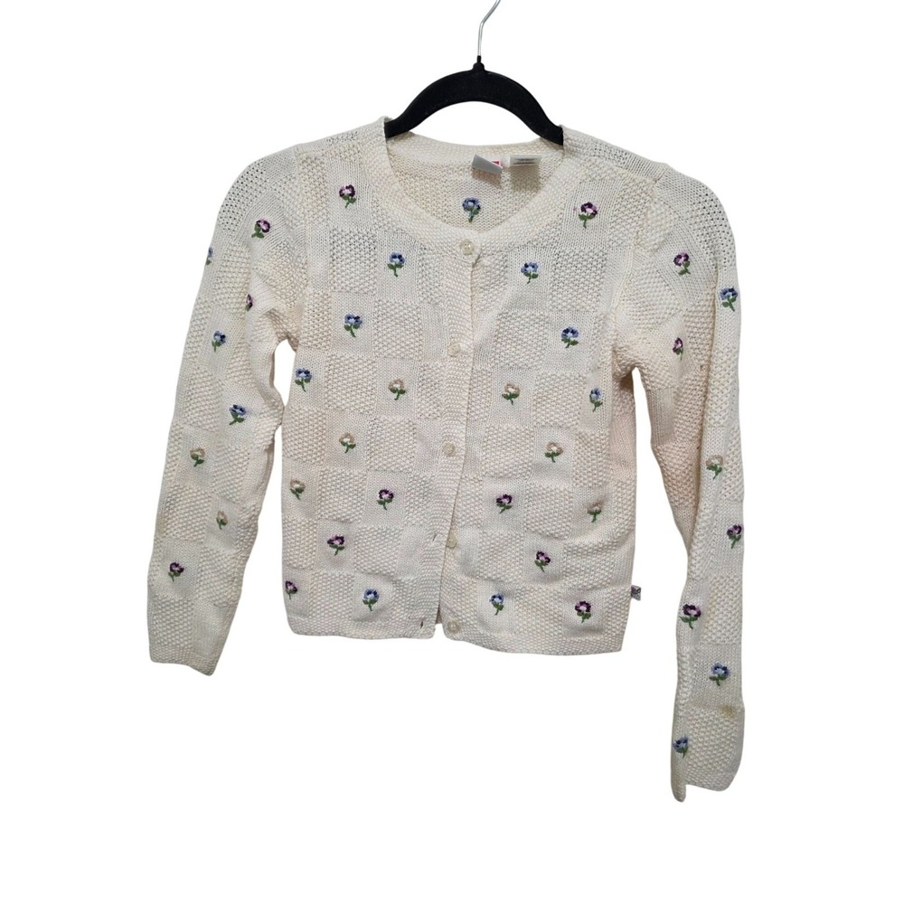 VTG MC Kids Y2K 90s Handmade Cream Knit Cardigan Floral Embroidery Kids 5 Small